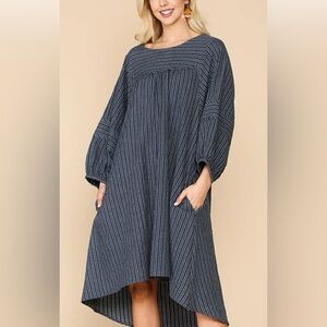 NWT GiGiO Betty Handloom Cotton Peasant Dress Blue Balloon Sleeve Boho Cottage M